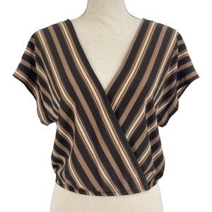 Xhilaration Womens Cropped Short Sleeve Surplice Top Brown Striped Tie Back M